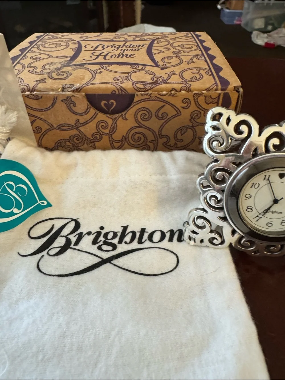 Brighton Silver Filigree Miniature Clock with White Pouch